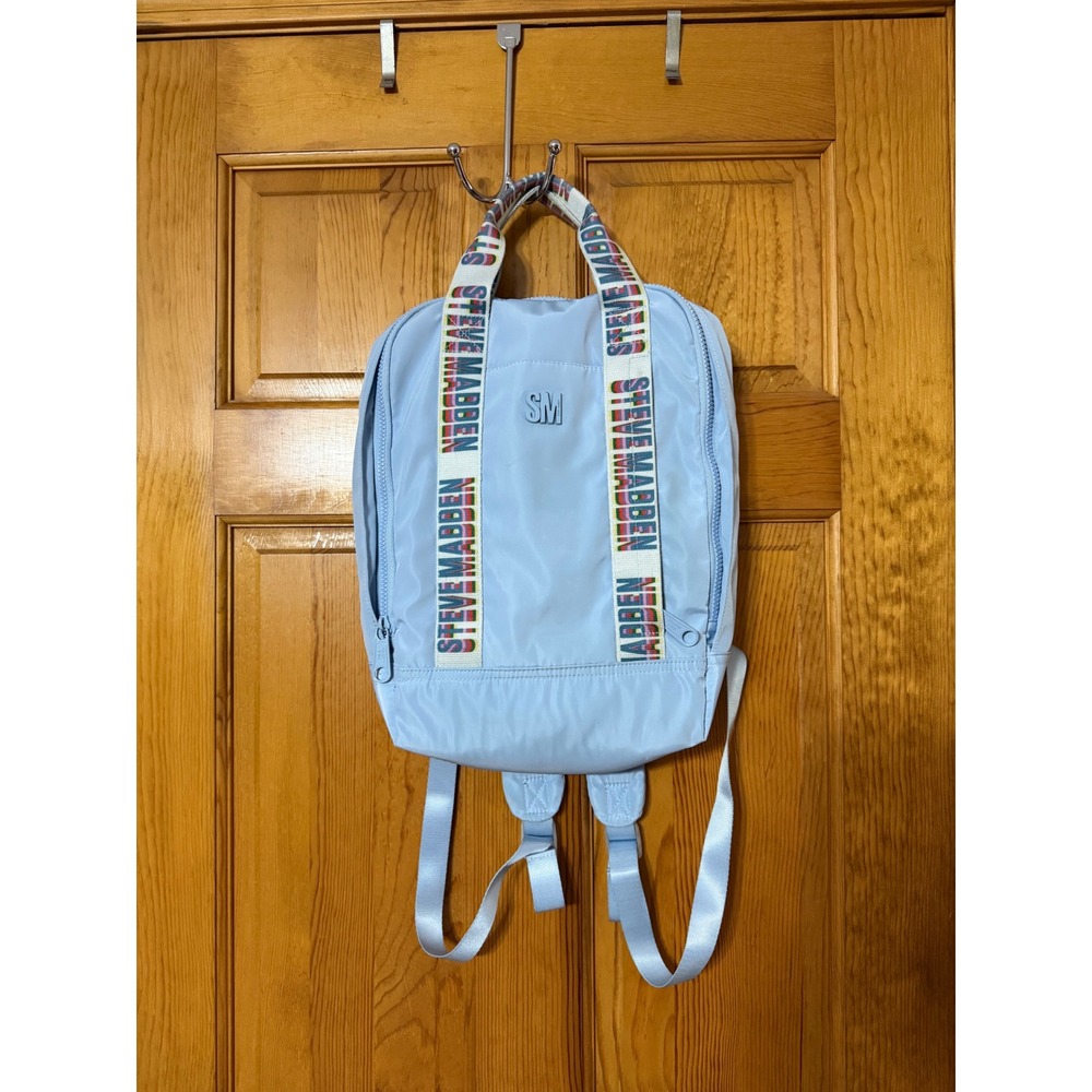 Steve Madden Light Blue Nylon Mini Backpack Rainbow Logo Webbing Straps SM Bag